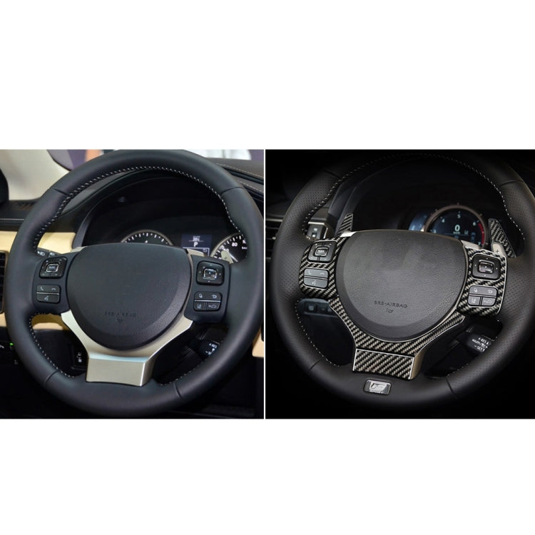 Steering wheel button trim accents in carbon fiber, before-and-after view