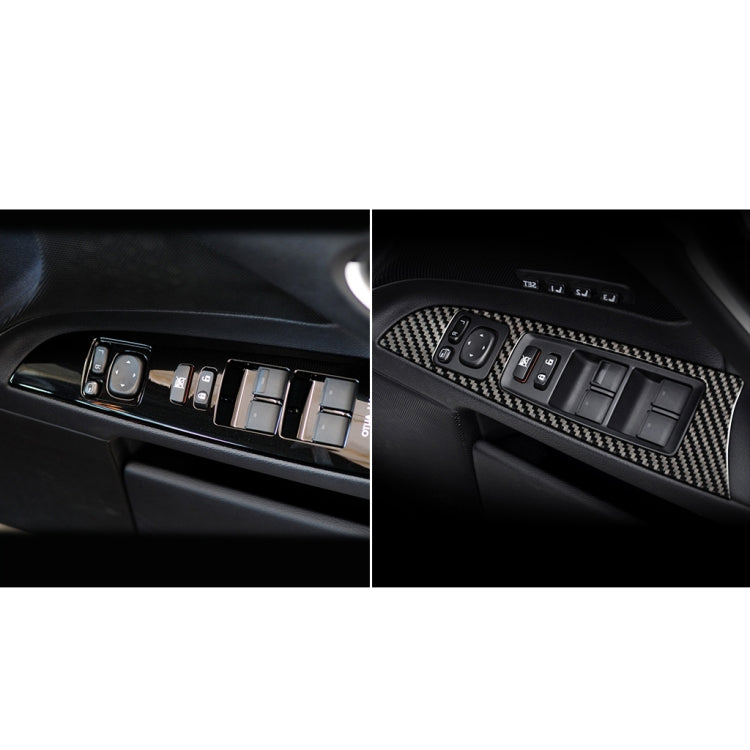 Carbon-fiber window switch panel trim sticker installed on car door, beside controls