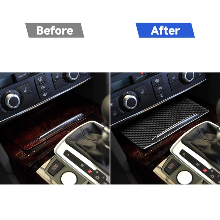 Carbon fiber look storage cover sticker installed on a car center console panel