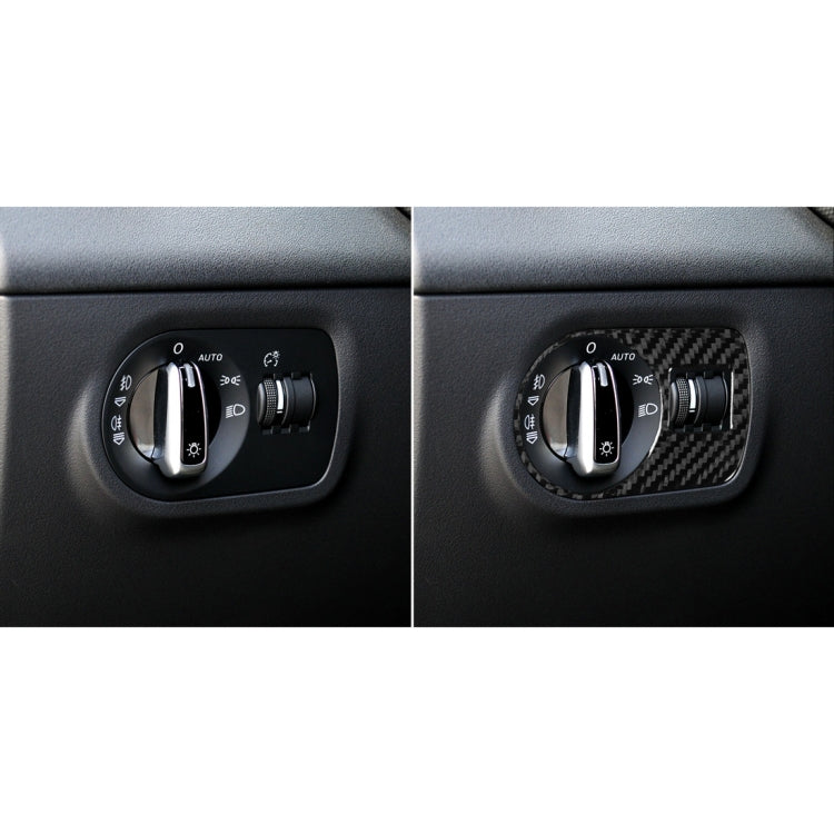 Before and after view of carbon fiber headlight switch trim sticker on dashboard