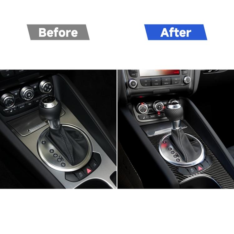 Installed carbon fiber gear shift panel sticker in car interior, around gear area