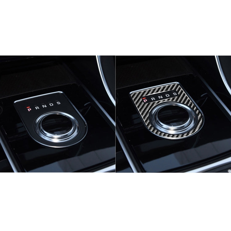 Split view of gearshift trim sticker before and after, carbon fiber surround with round knob ring