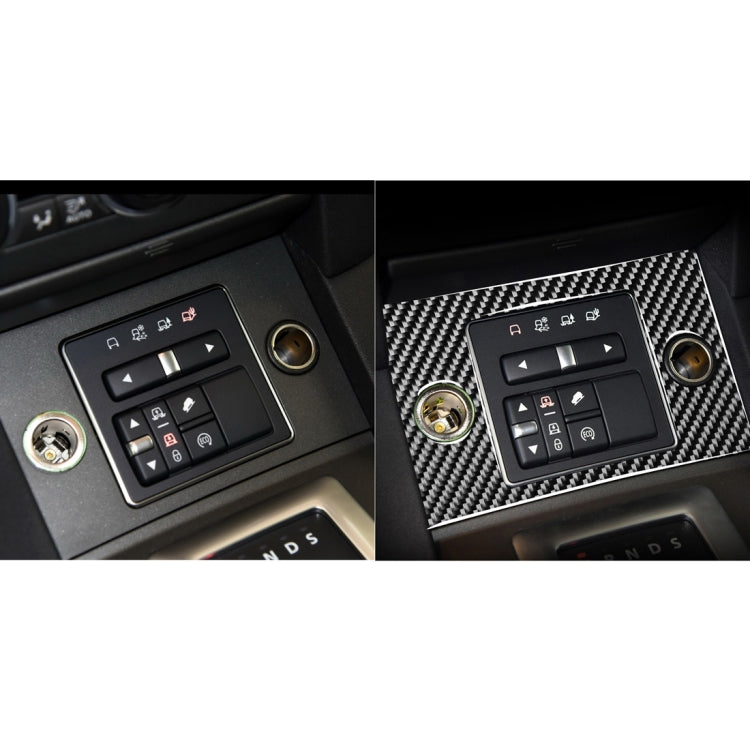 Before-and-after view of carbon fiber-look cigarette lighter panel sticker over controls
