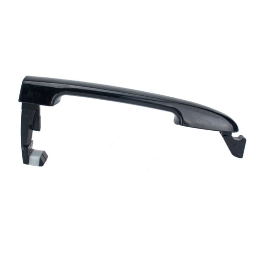 Exterior door handle with curved dark gray/black grip and mounting feet