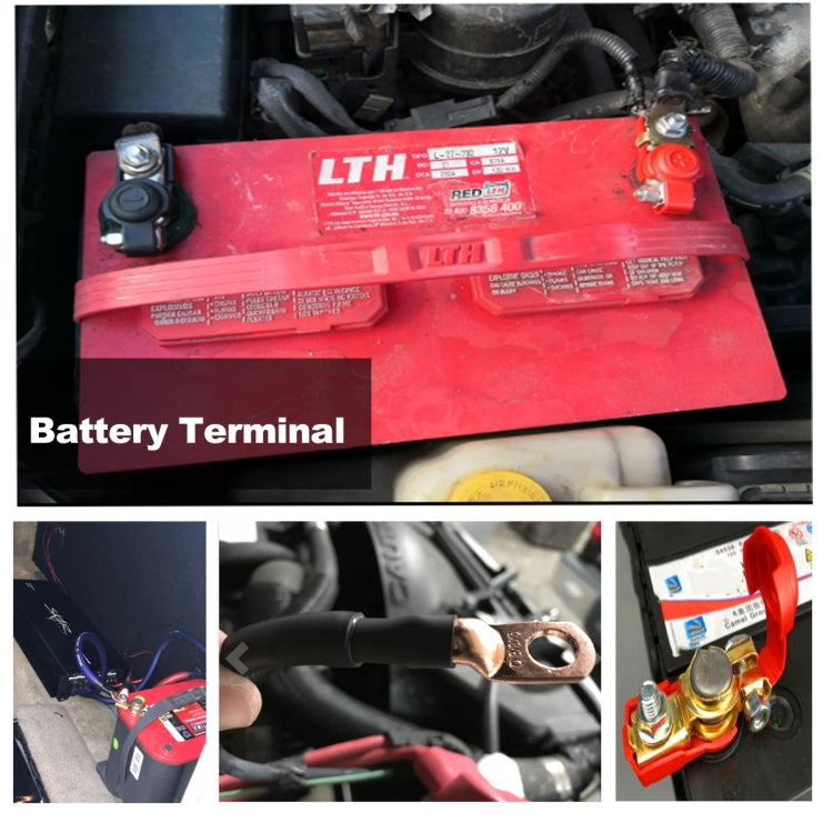 Car battery terminal clamps installed on battery posts, red and black connectors