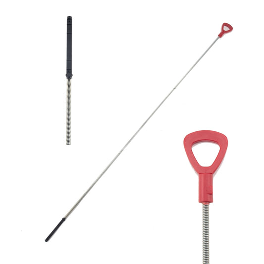 Flexible transmission oil dipstick with red handle, braided metal shaft, black end
