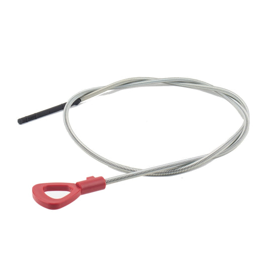 Transmission oil dipstick rod with red loop handle and braided metal cable