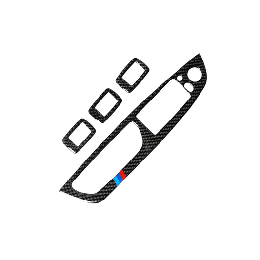 Carbon fiber window lift switch panel trim sticker with tricolor accents and button cutouts