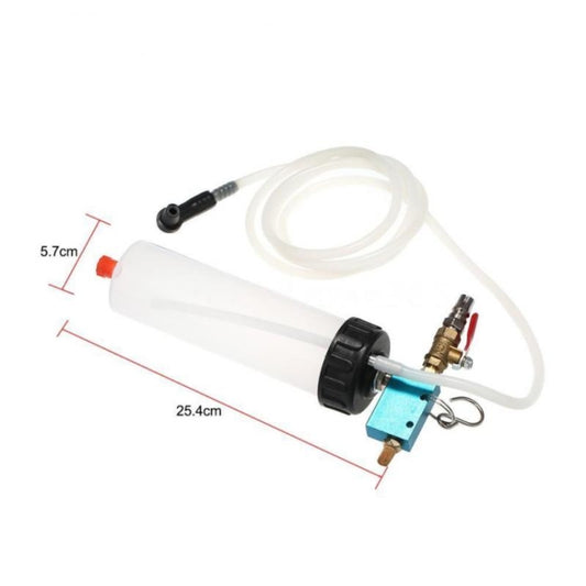 Brake fluid pump tool with clear cylinder, blue control block, and hose