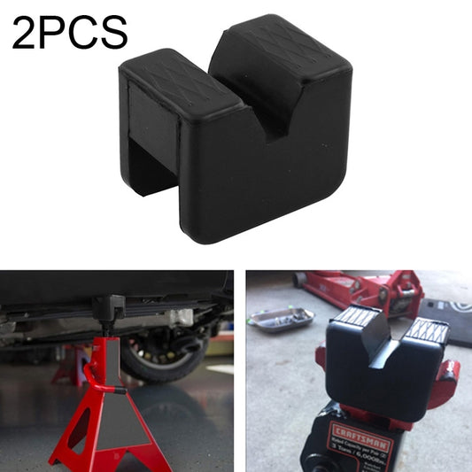 Set of 2 black rubber car jack pad adapters, slotted U-shape with grip texture