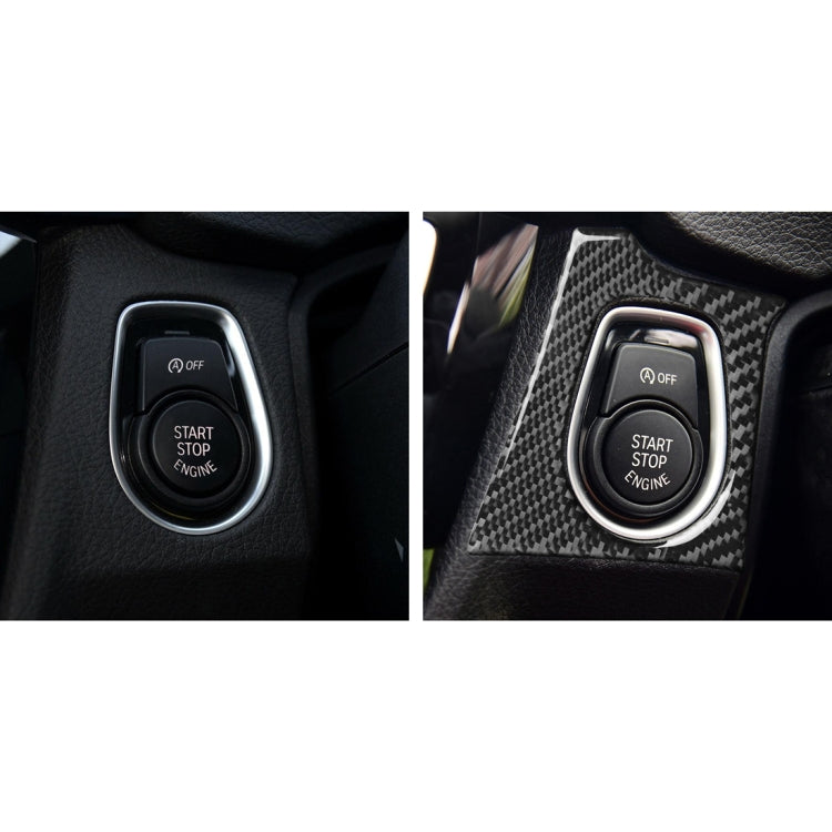 Carbon fiber keyhole sticker installed around start-stop button, black woven finish