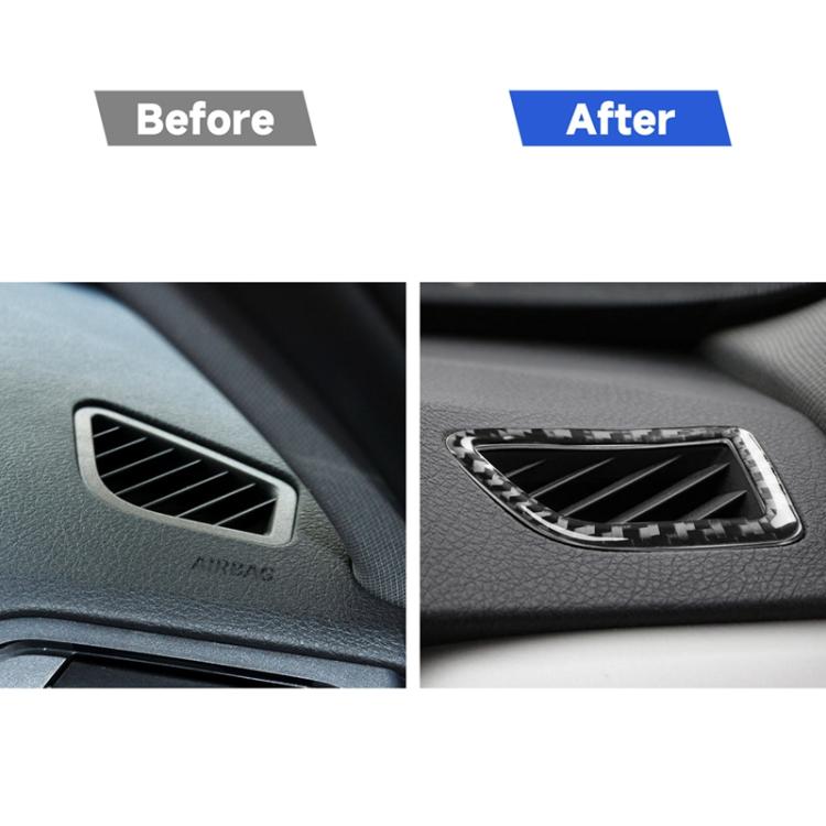 Installed carbon fiber air vent trim sticker on dashboard vent grille (before/after)