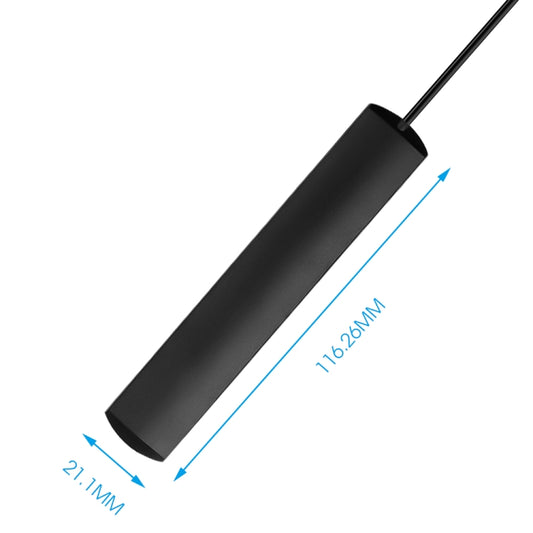 Black roof-mounted style antenna amplifier, cylindrical body with lead wire