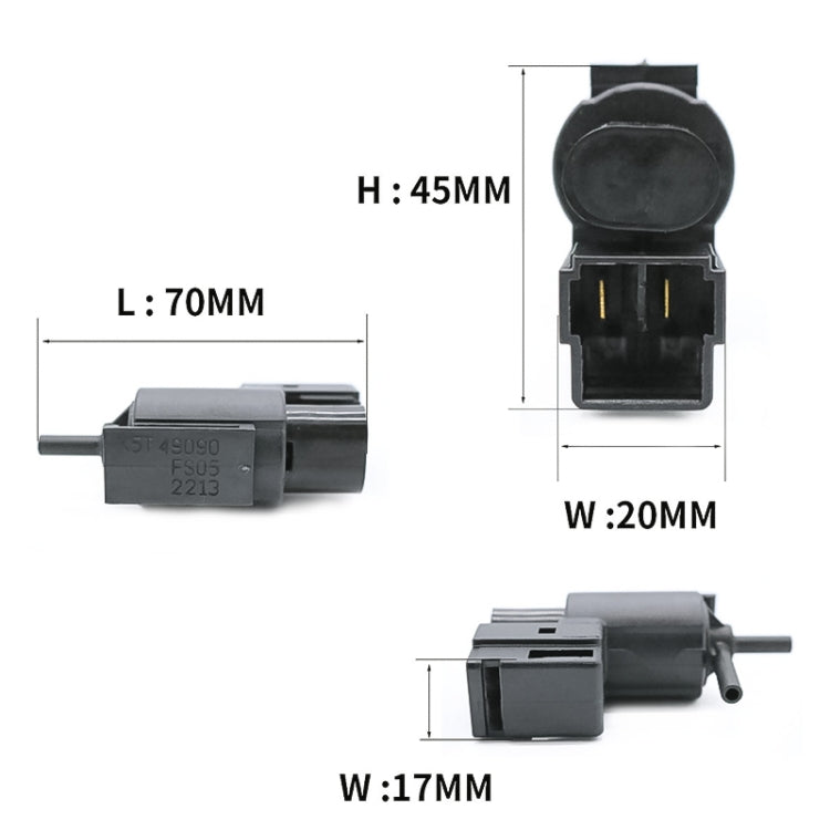 Vacuum switch purge valve solenoid size diagram: H45mm, L70mm, W20mm.