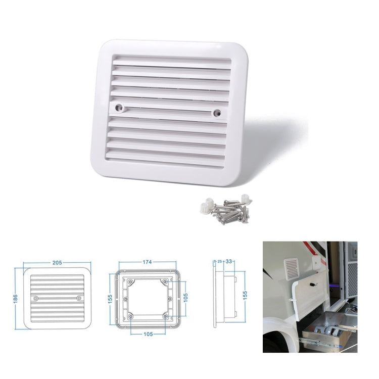 White air vent fan kit with louvered grille, included screws, and size diagram