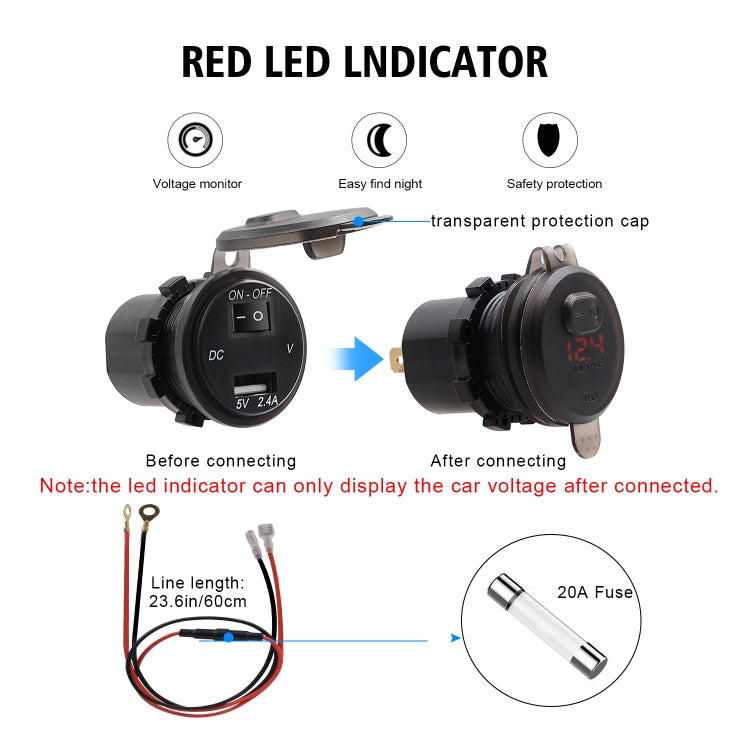Car USB charger adapter with red LED indicator, on-off switch, and 60cm cable