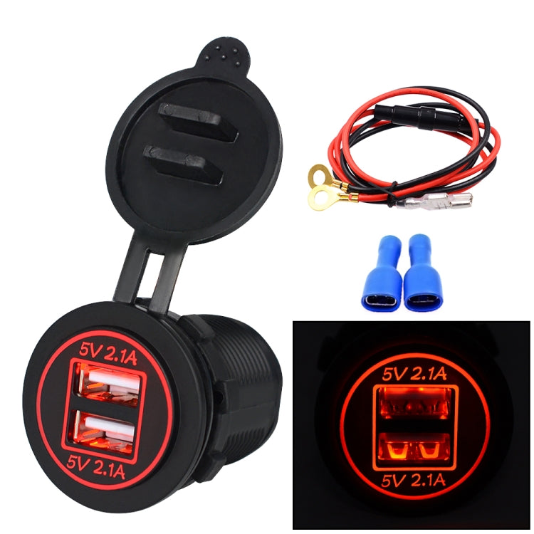 Dual USB car charger with red light indicator and 60cm cable, black housing