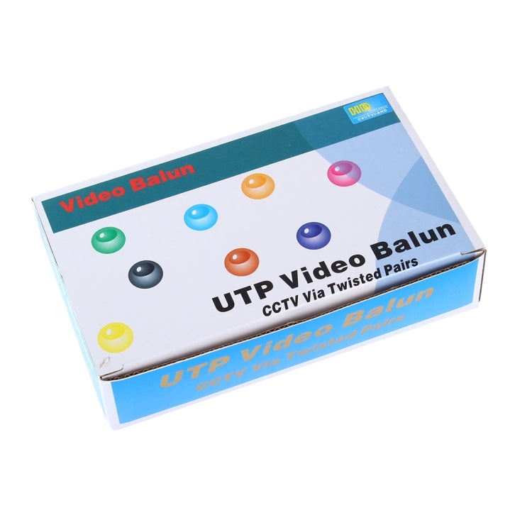 UTP video balun retail box for CCTV via twisted pairs, labeled Video Balun