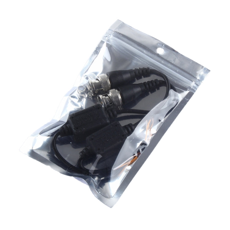 Packaged video balun transceiver pair with black cables and BNC connectors