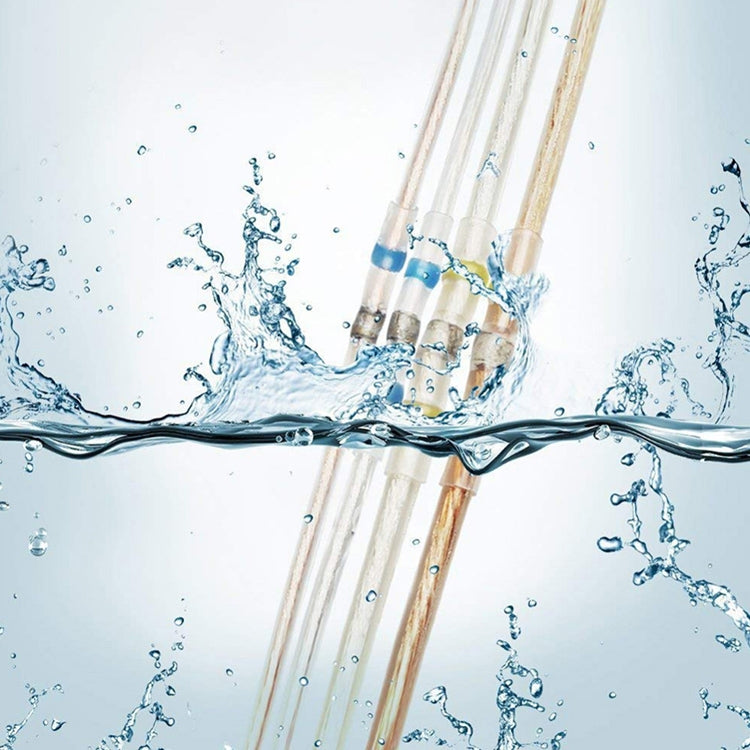 Water-resistant sealed heat-shrink butt splice connectors on joined wires, clear sleeves