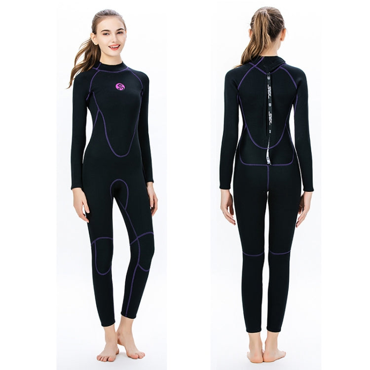 Women's long-sleeve full-body wetsuit, black with purple contour seams and knee panels