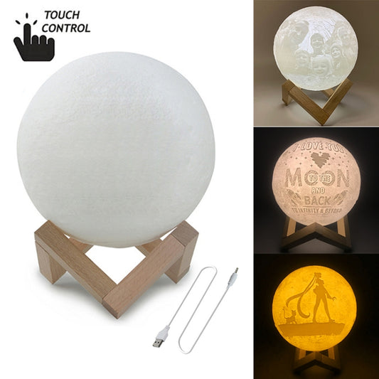 White 3D moon LED lamp on wooden tripod stand with touch control and USB cable