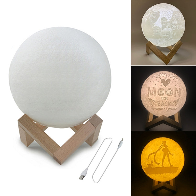 Round moon LED night light with 3D moon print, wooden holder base, USB charging cable