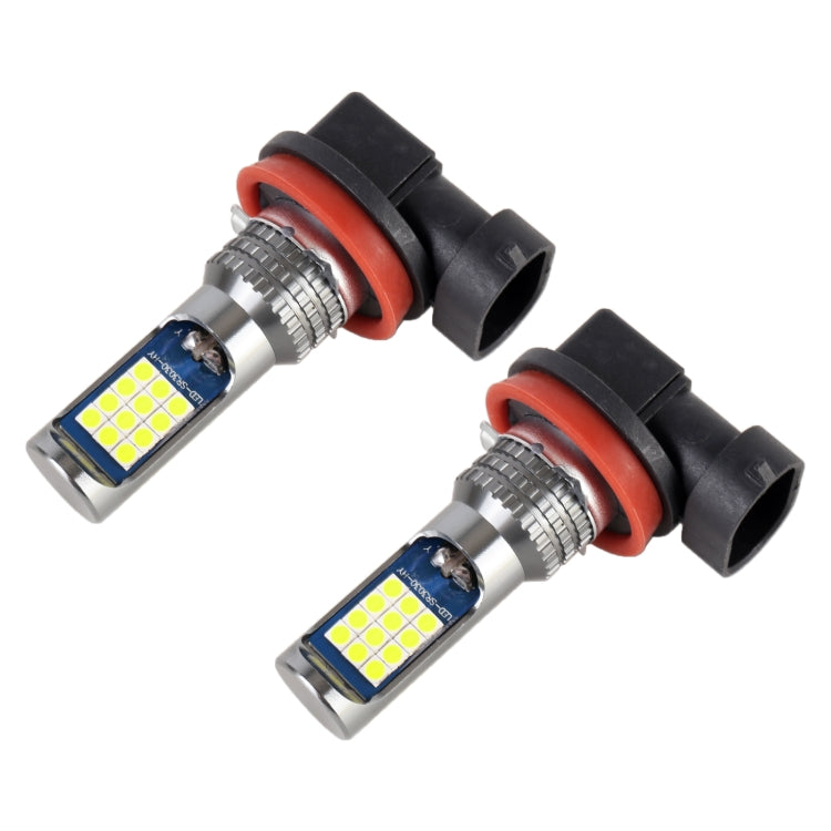 Pair LED car fog light bulbs with black caps, orange-red ring, metal pins, yellow SMD board