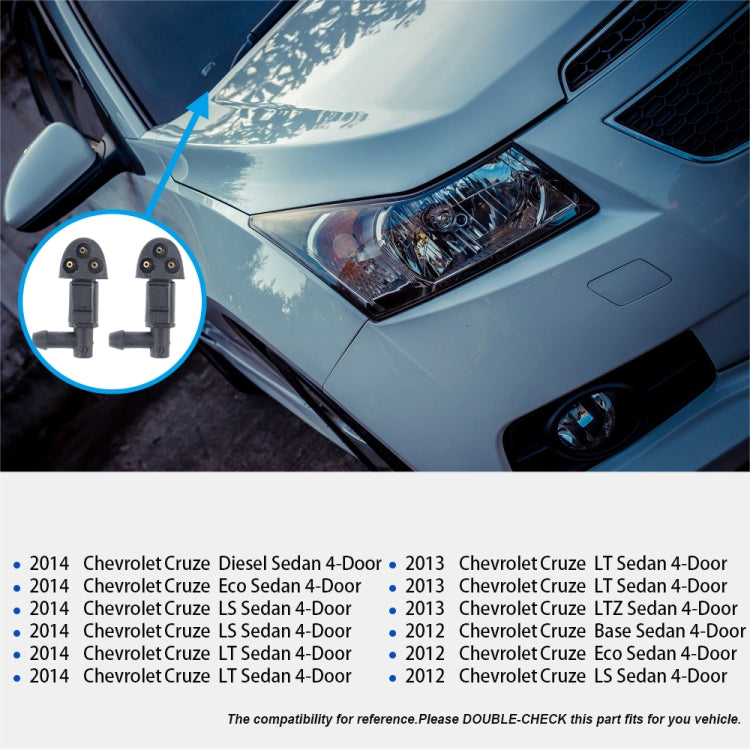 Pair of windshield washer jet nozzles inset with placement arrow near front hood