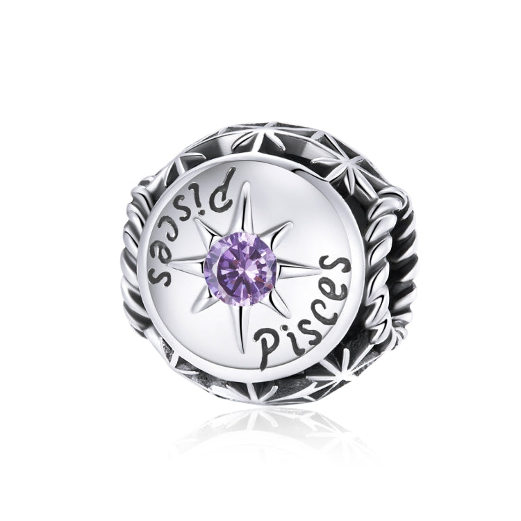 Sterling silver zodiac charm bead with purple crystal and engraved Pisces text