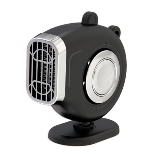 Portable car dashboard heater fan with black housing, front grille, and circular heat cover
