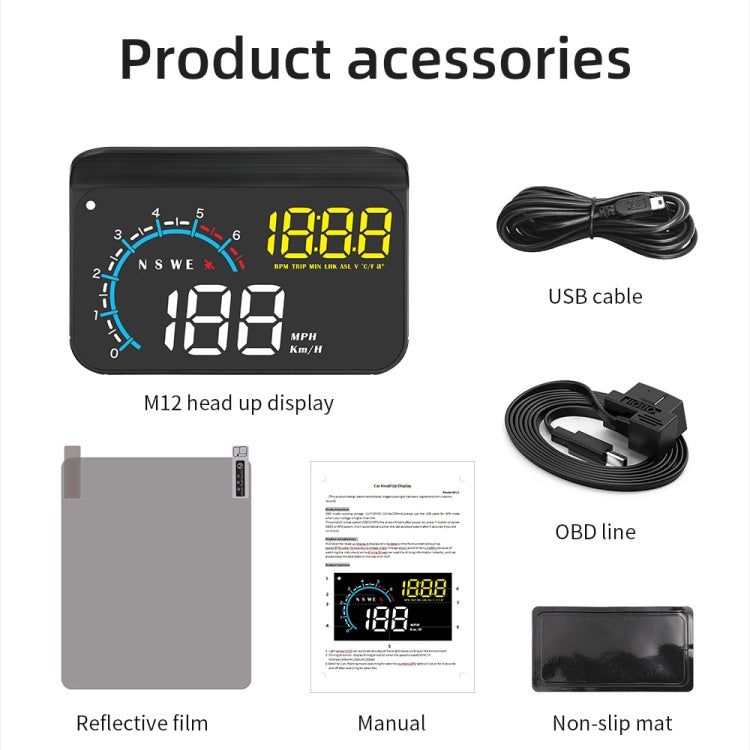 Car head-up display HUD kit with reflective film, USB cable, OBD cable, and mounting accessories