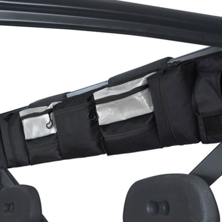 Black roll bar storage bag organizer with mesh pockets and attachment straps