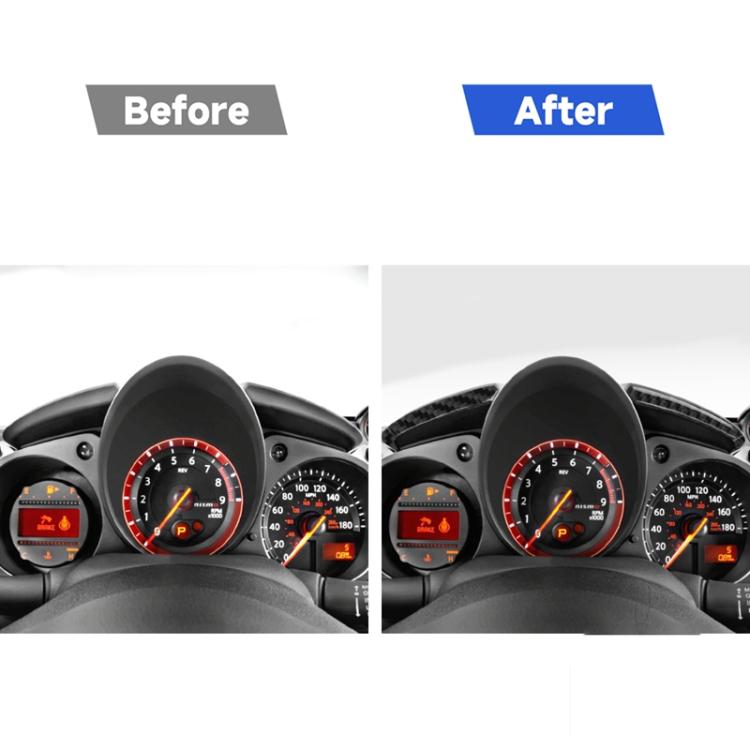 Installed carbon fiber dashboard trim strips near the instrument cluster
