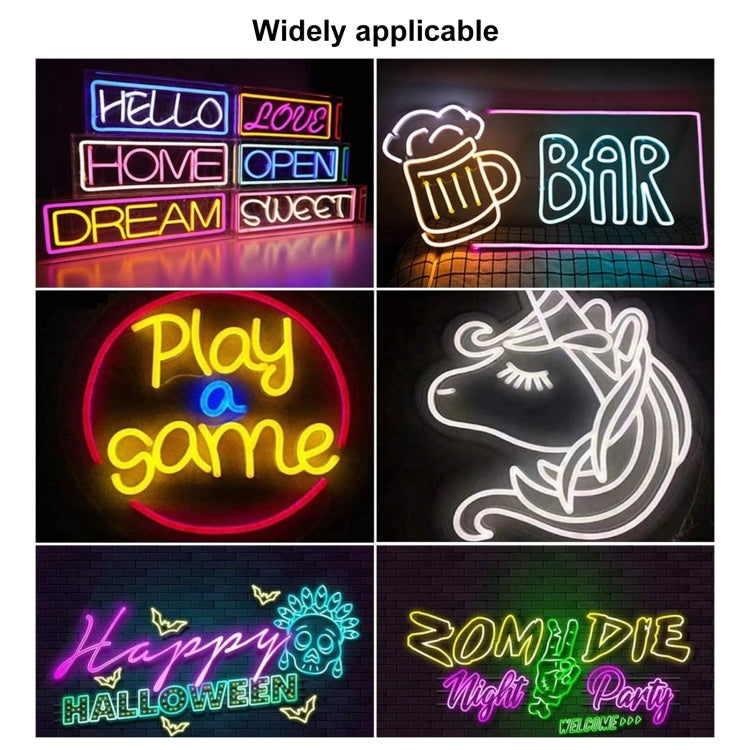 Neon LED strip lights forming colorful signage designs for indoor decor