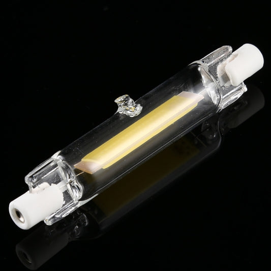 R7S LED glass tube replacement bulb with two-pin base, clear housing, white LED glow