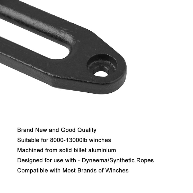 Close-up of black aluminum fairlead end with mounting hole and curved slot