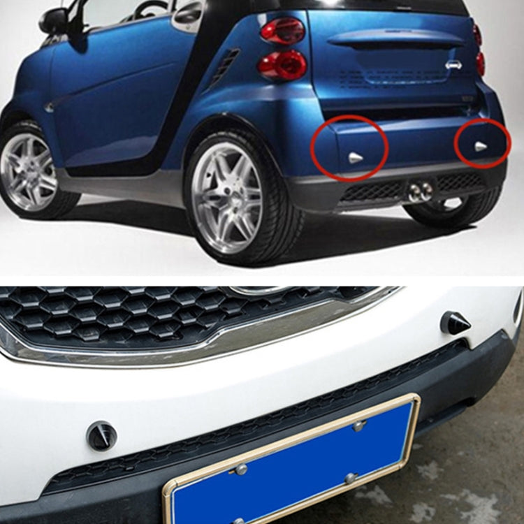 Rear bumper anti-collision tail cones mounted on car, shown from side and rear view