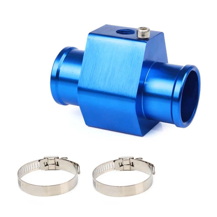 Blue car temperature gauge joint with two hose clamps and inlet port