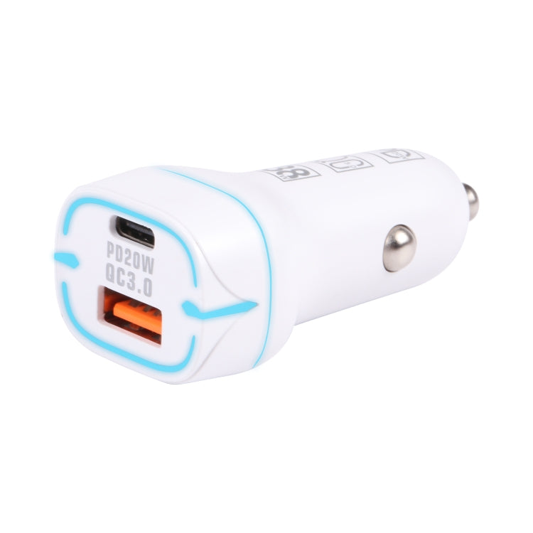 White dual-port USB car charger with blue illuminated ring and metal plug prongs