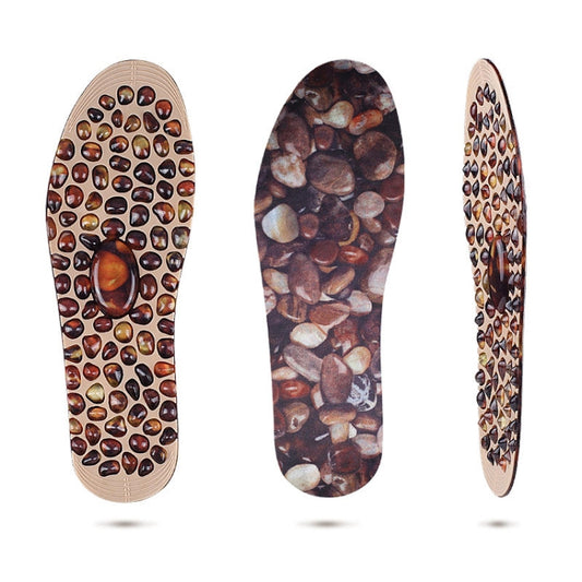 Massage insole pad with pebble-pattern design, dark brown top and beige border.
