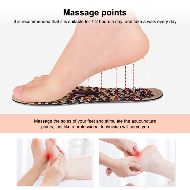 Massage insole pad under foot with pebble-pattern raised nodes, beige base and dark brown.