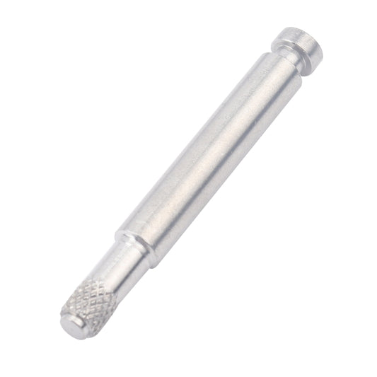 Hinge bracket bolt, silver metal with knurled grip section and threaded end