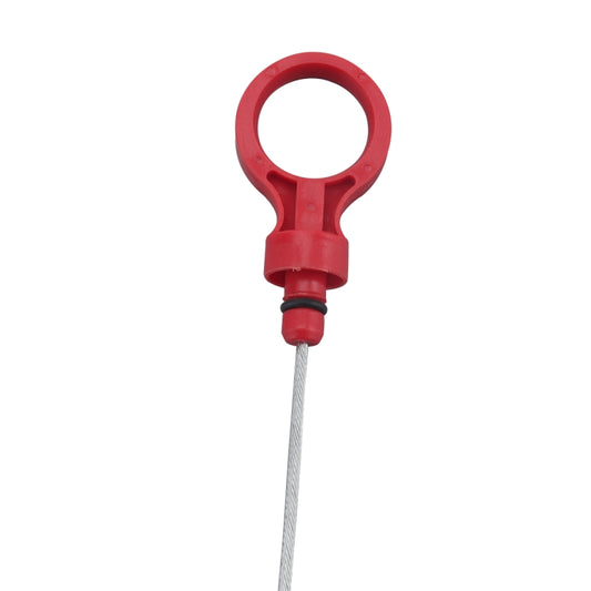 Red loop oil dipstick handle with black seal and metal measuring probe