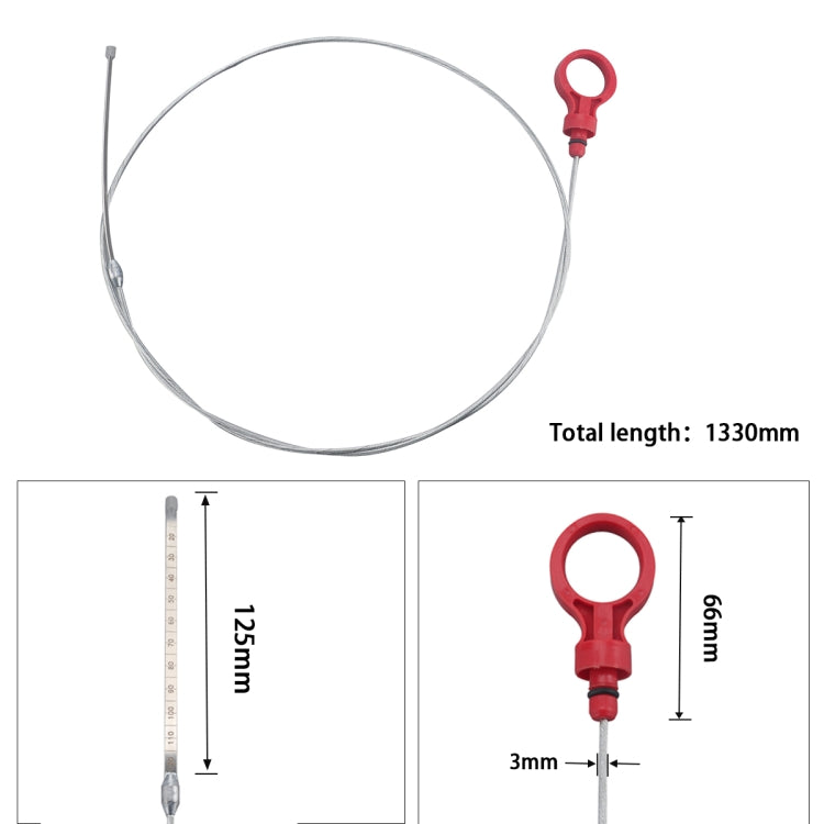 Flexible transmission dipstick with red handle; 1330 mm total length shown