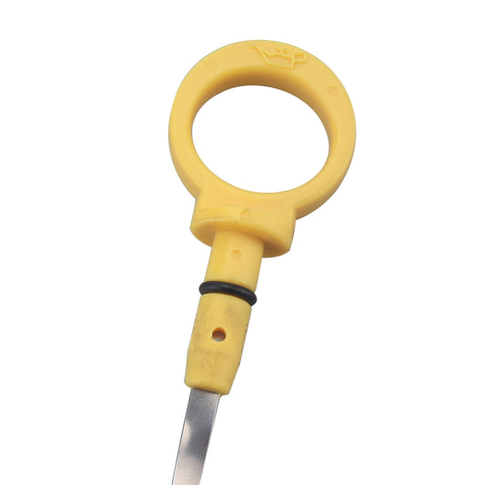 Engine oil dipstick with yellow circular handle, black seal, and metal probe tip