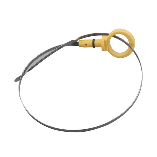 Engine oil dipstick with yellow loop handle, flexible black cable, metal tip