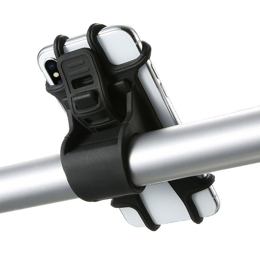 Bicycle phone holder with silicone clamp and adjustable cradle, holding a phone on handlebars