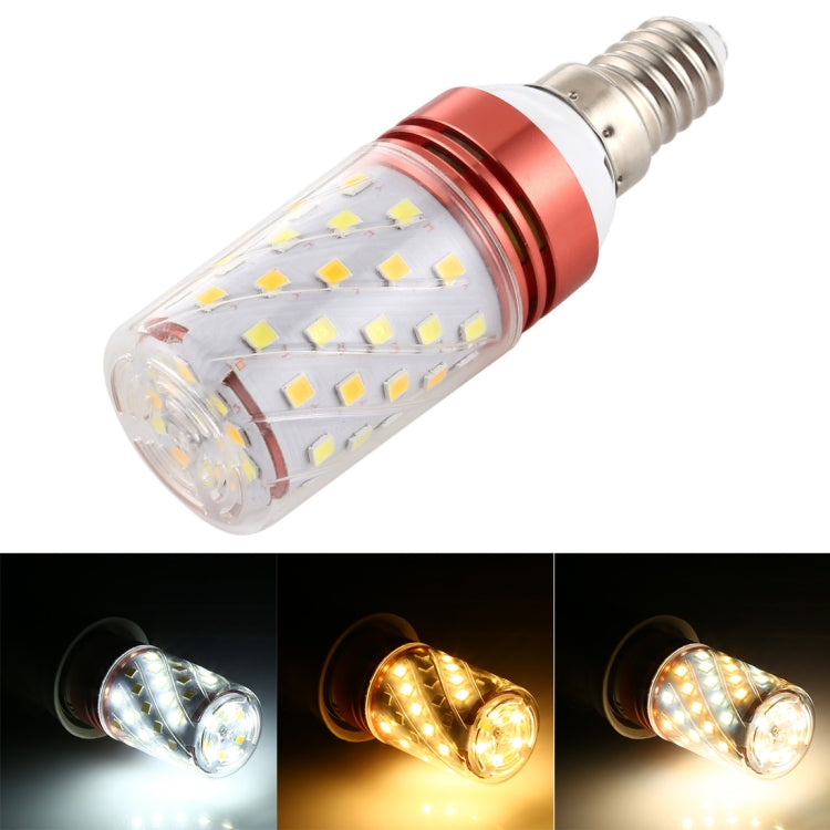 Three-color dimmable corn LED bulb, front view of SMD LEDs with red ring and E27/E14 base