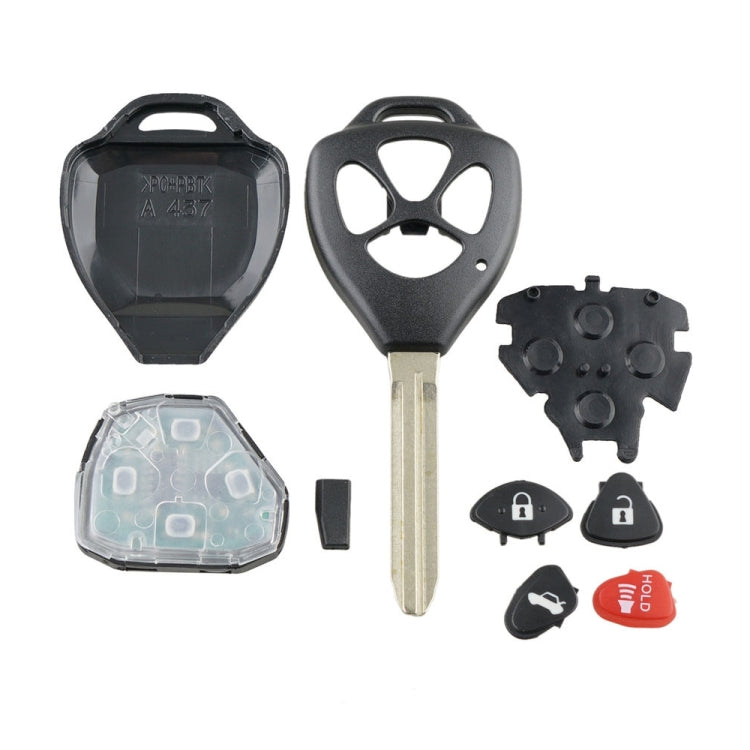 Car key remote parts set: fob housings, metal blade, button pads, and red panic piece